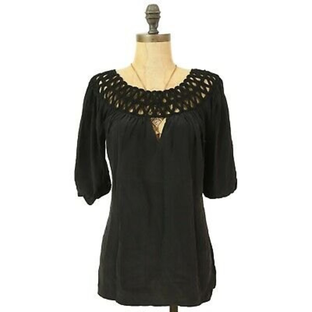 Akiko Bubble Sleeve Blouse Top Size XS S Crochet Neck Black Lightweight EUC B28